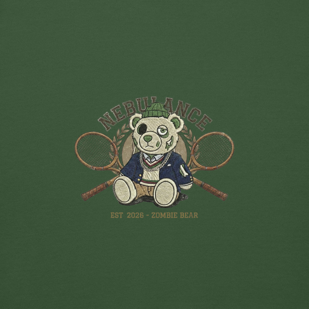 Oversized forest green luxury hoodie with zombie bear tennis rackets graphic – premium cotton heritage pullover in deep rich green, dead luxury reimagined streetwear front view. Unisex heavyweight comfort with high-definition print.
