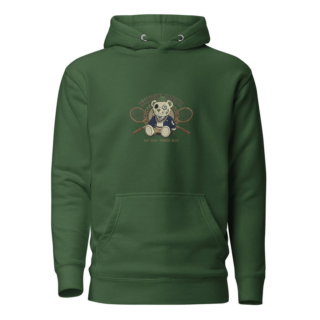 Oversized forest green luxury hoodie with zombie bear tennis rackets graphic – premium cotton heritage pullover in deep rich green, dead luxury reimagined streetwear front view. Unisex heavyweight comfort with high-definition print.