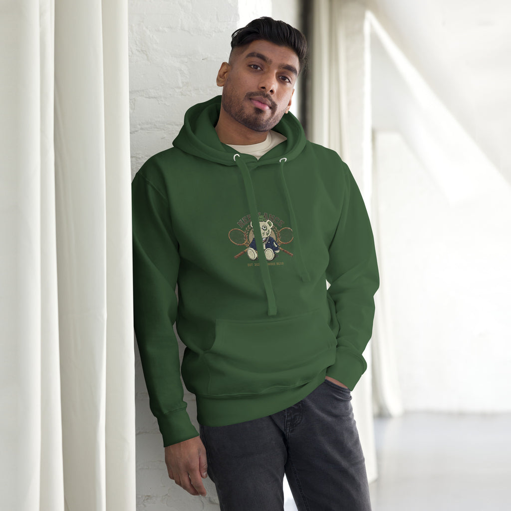 Oversized forest green luxury hoodie with zombie bear tennis rackets graphic – premium cotton heritage pullover in deep rich green, dead luxury reimagined streetwear front view. Unisex heavyweight comfort with high-definition print.