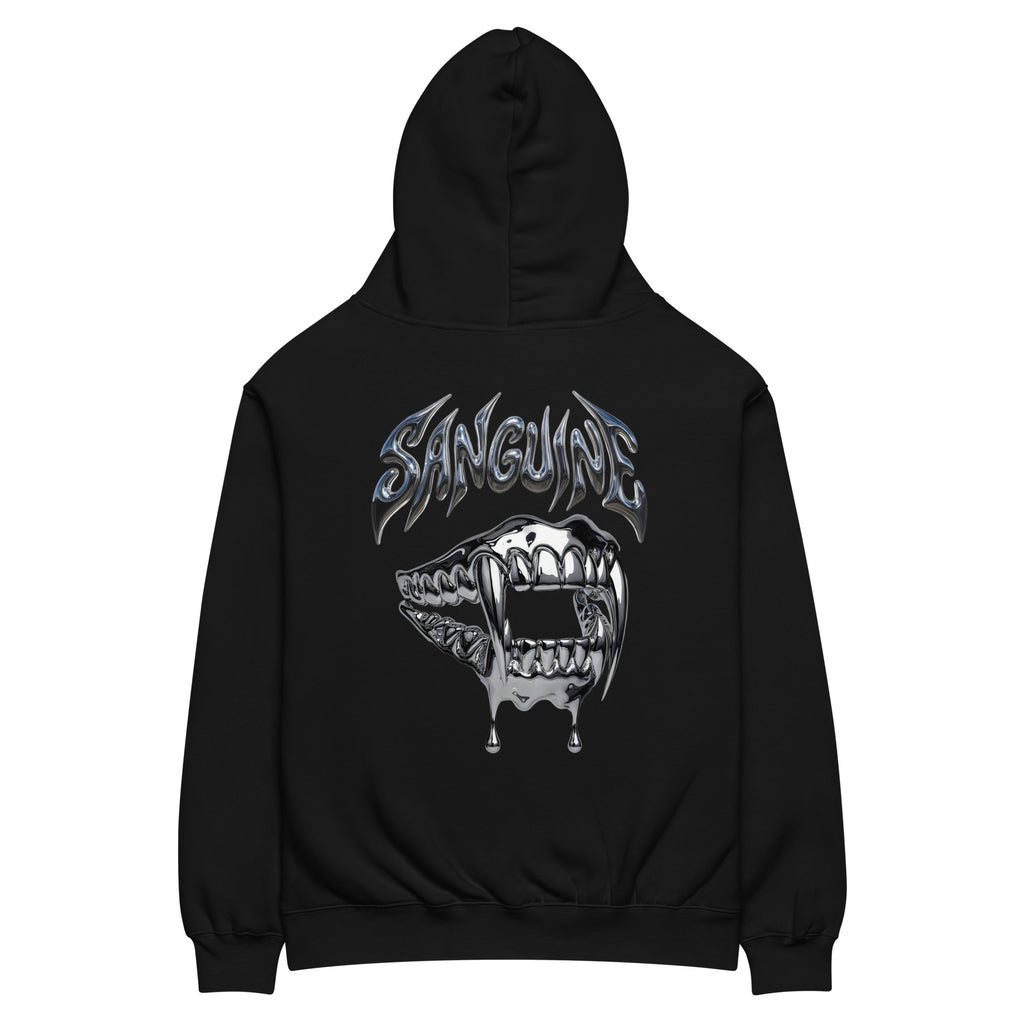 Oversized black gothic opium hoodie back view - Sanguine metallic dripping vampire fangs teeth graphic streetwear unisex AS Colour 5161