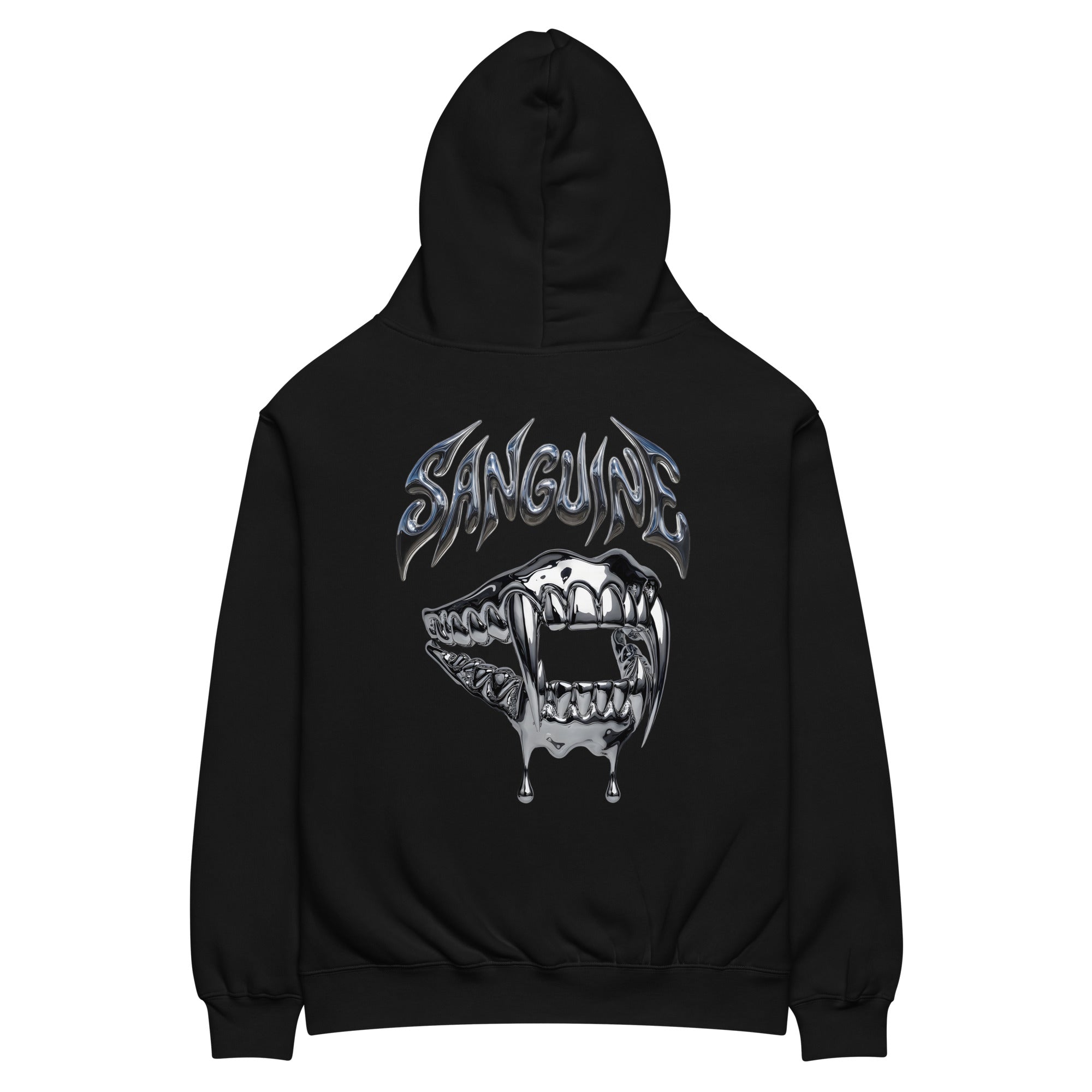 Oversized black gothic opium hoodie back view - Sanguine metallic dripping vampire fangs teeth graphic streetwear unisex AS Colour 5161
