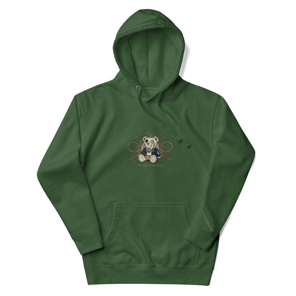 Oversized forest green luxury hoodie with zombie bear tennis rackets graphic – premium cotton heritage pullover in deep rich green, dead luxury reimagined streetwear front view. Unisex heavyweight comfort with high-definition print.