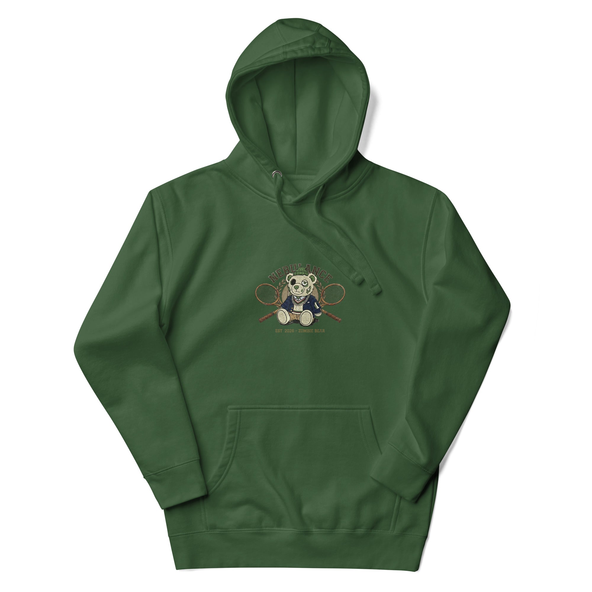 Oversized forest green luxury hoodie with zombie bear tennis rackets graphic – premium cotton heritage pullover in deep rich green, dead luxury reimagined streetwear front view. Unisex heavyweight comfort with high-definition print.
